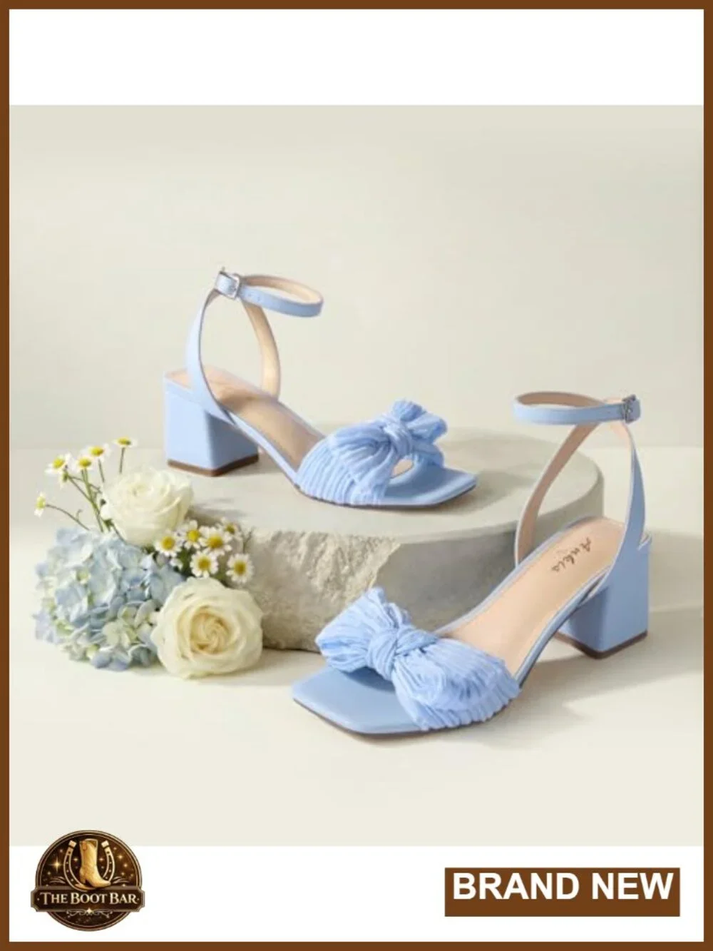 Women's Chunky Heel Wedding Sandals with Bow Ankle Strap Square Toe